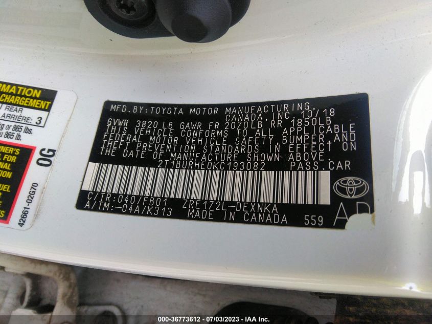 2019 TOYOTA COROLLA LE - 2T1BURHE0KC193082