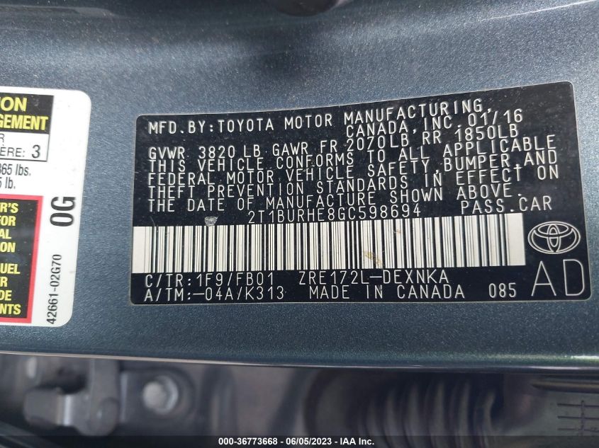 2016 TOYOTA COROLLA L/LE/S/S PLUS/LE PLUS - 2T1BURHE8GC598694