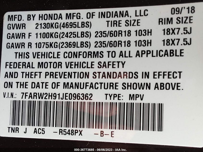 2018 HONDA CR-V TOURING - 7FARW2H91JE096362