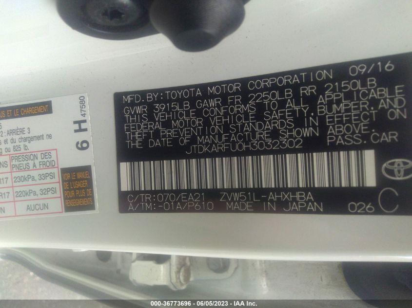 2017 TOYOTA PRIUS TWO/TWO ECO/THREE - JTDKARFU0H3032302