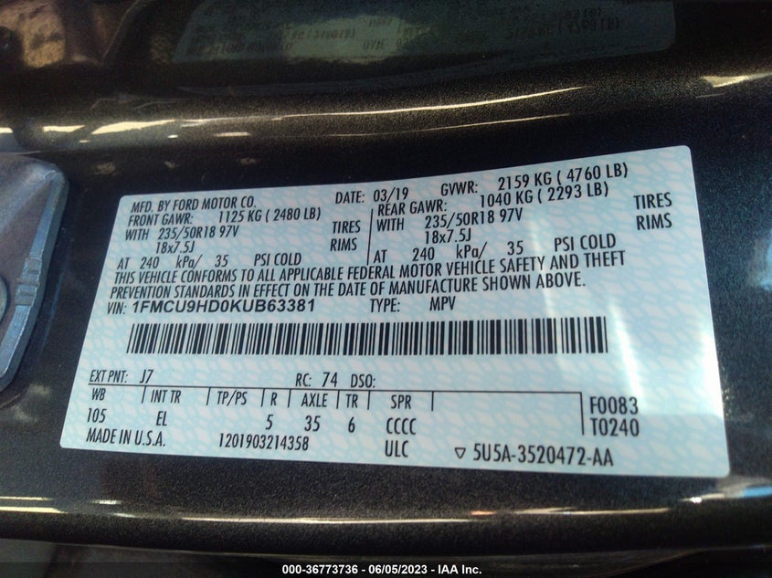 VIN 1FMCU9HD0KUB63381 2019 FORD ESCAPE SEL