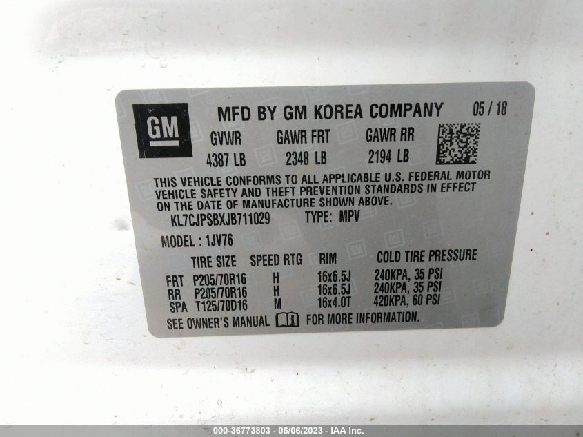 2018 CHEVROLET TRAX 1LT - KL7CJPSBXJB711029