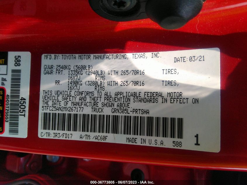 2021 TOYOTA TACOMA 4WD SR/SR5/TRD SPORT - 5TFCZ5AN2MX267177