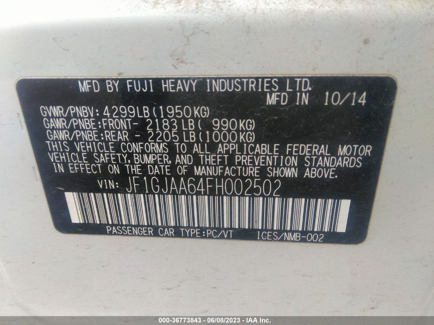 2015 SUBARU IMPREZA SEDAN - JF1GJAA64FH002502