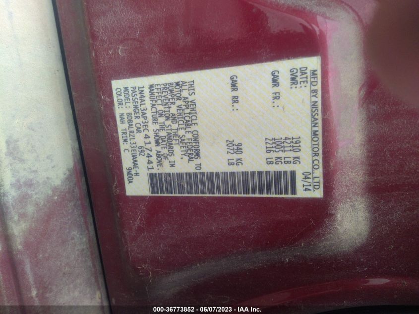 2014 NISSAN ALTIMA 2.5 S - 1N4AL3AP3EC417441