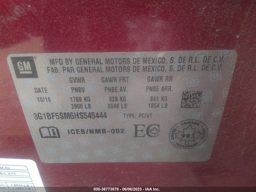 VIN 3G1BF5SM6HS545444 2017 CHEVROLET CRUZE PREMIER