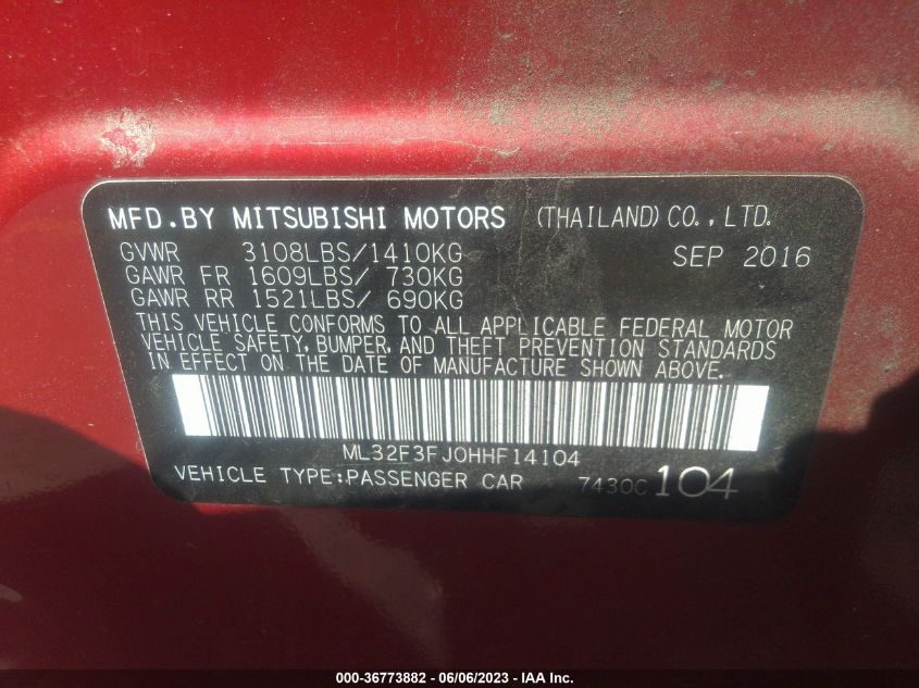 2017 MITSUBISHI MIRAGE G4 ES - ML32F3FJ0HHF14104