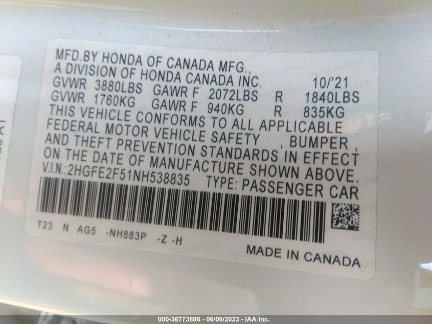 2022 HONDA CIVIC SEDAN SPORT - 2HGFE2F51NH538835