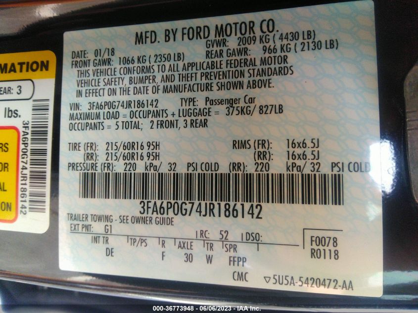 2018 FORD FUSION S - 3FA6P0G74JR186142