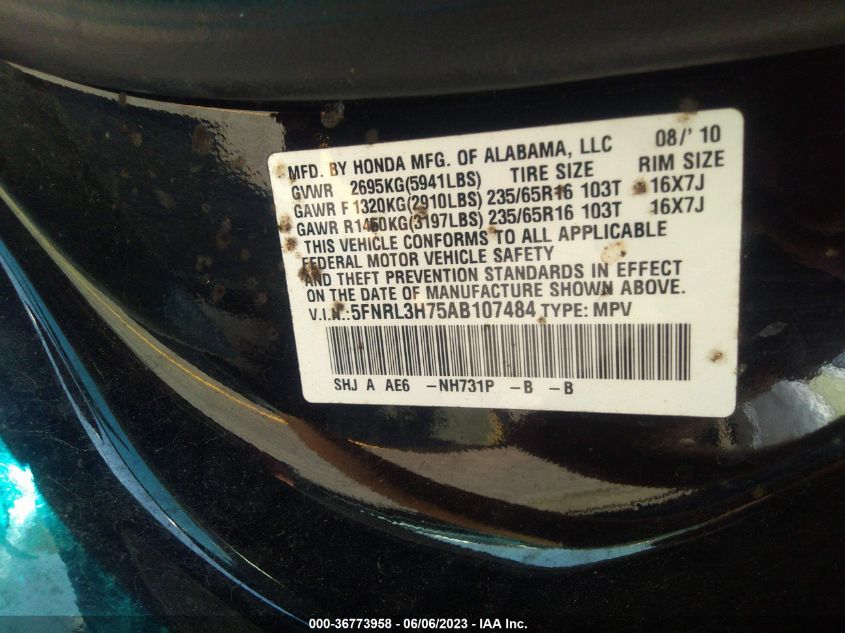 5FNRL3H75AB107484 2010 HONDA ODYSSEY, photo no. 9