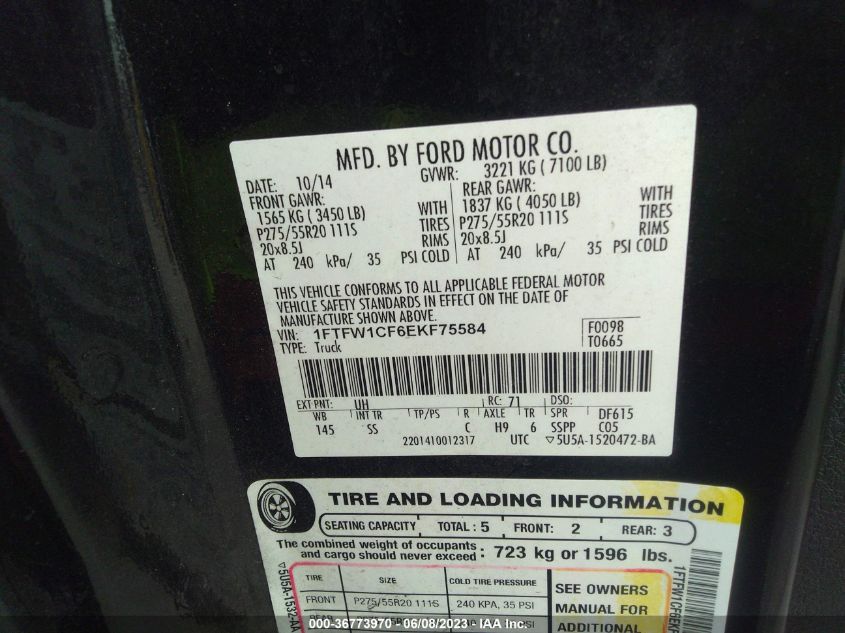 2014 FORD F-150 XL/STX/XLT/FX2/LARIAT - 1FTFW1CF6EKF75584