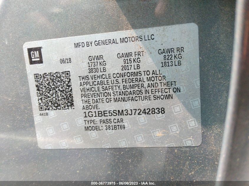 2018 CHEVROLET CRUZE LT - 1G1BE5SM3J7242838