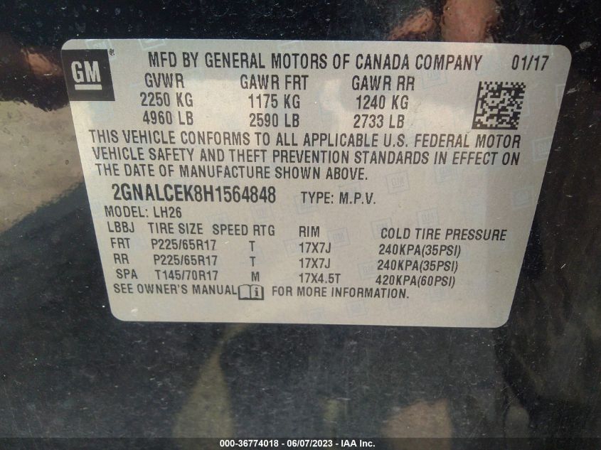 2017 CHEVROLET EQUINOX LT - 2GNALCEK8H1564848