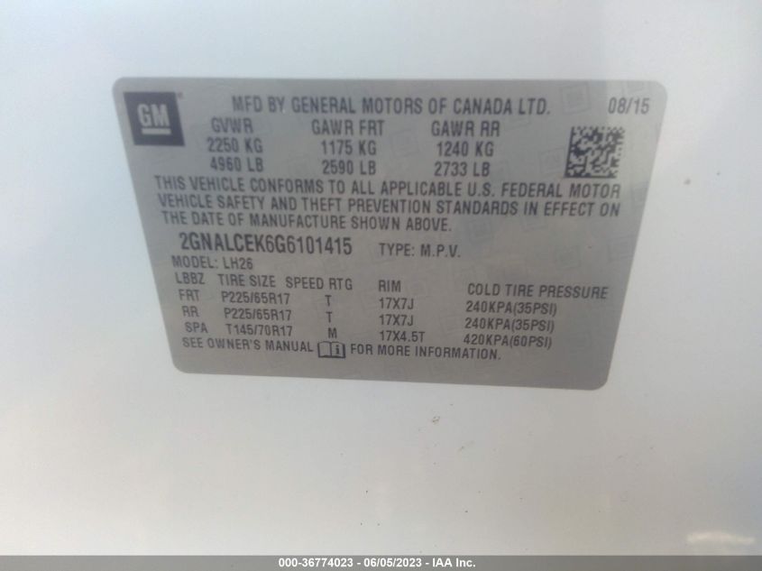 2016 CHEVROLET EQUINOX LT - 2GNALCEK6G6101415