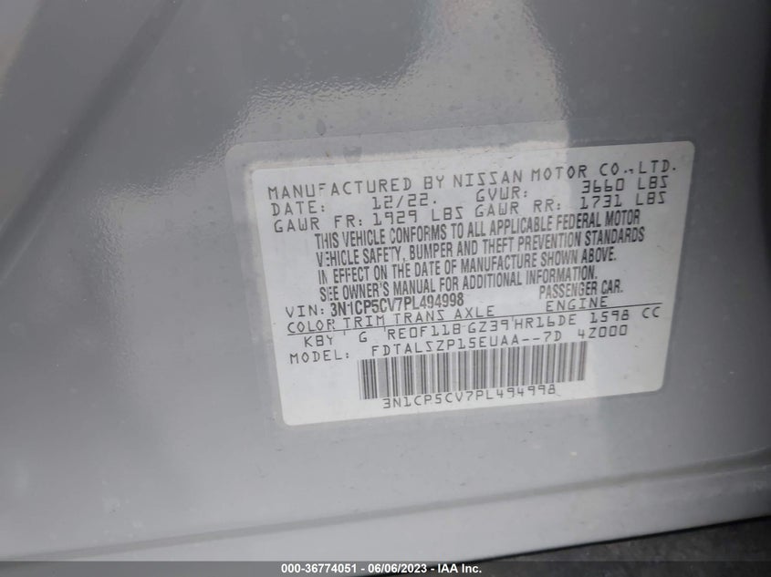 VIN 3N1CP5CV7PL494998 2023 NISSAN KICKS SV