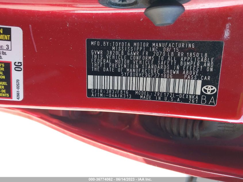 2016 TOYOTA COROLLA L/LE/S/S PLUS/LE PLUS - 5YFBURHE9GP371806