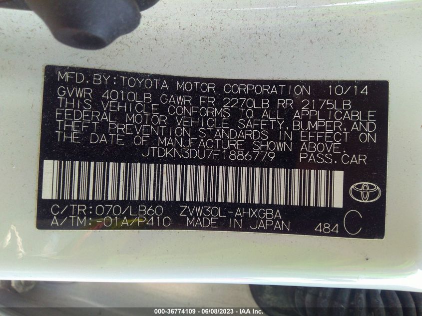 2015 TOYOTA PRIUS - JTDKN3DU7F1886779