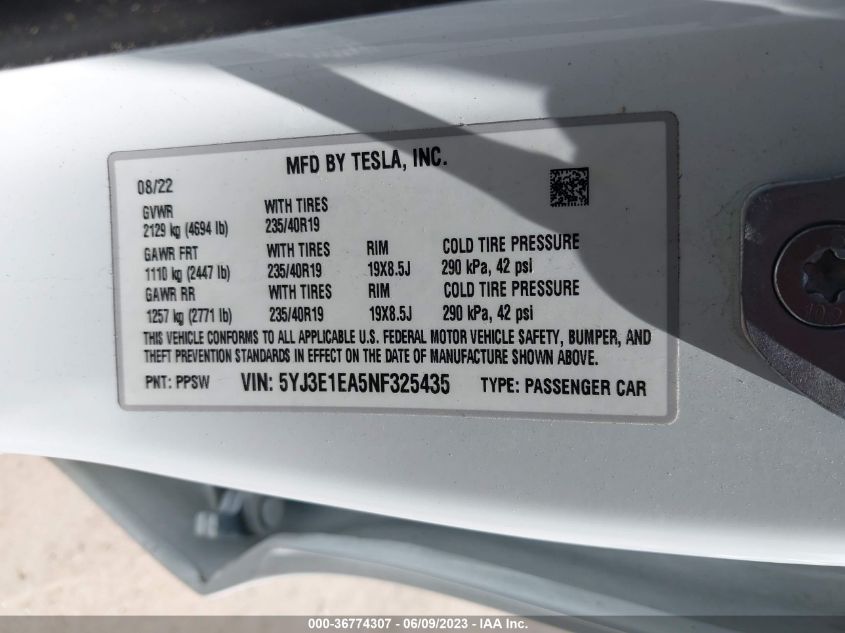 2022 TESLA MODEL 3 - 5YJ3E1EA5NF325435