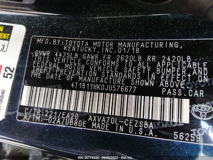 2018 TOYOTA CAMRY LE/SE/XLE/L - 4T1B11HK0JU576677
