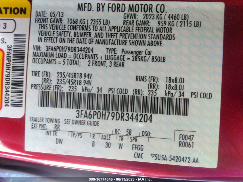 2013 FORD FUSION SE - 3FA6P0H79DR344204