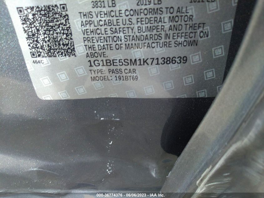 2019 CHEVROLET CRUZE LT - 1G1BE5SM1K7138639