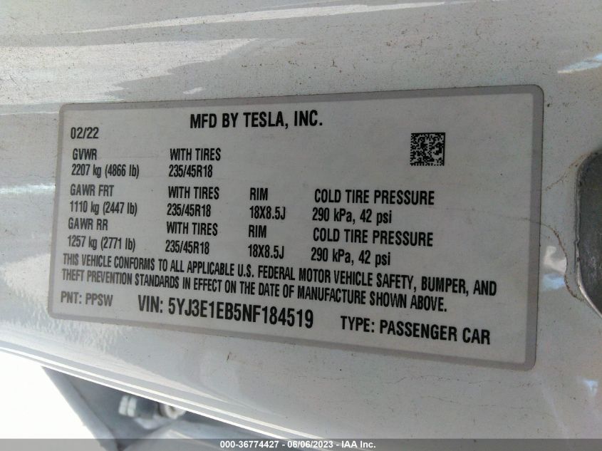 2022 TESLA MODEL 3 LONG RANGE - 5YJ3E1EB5NF184519