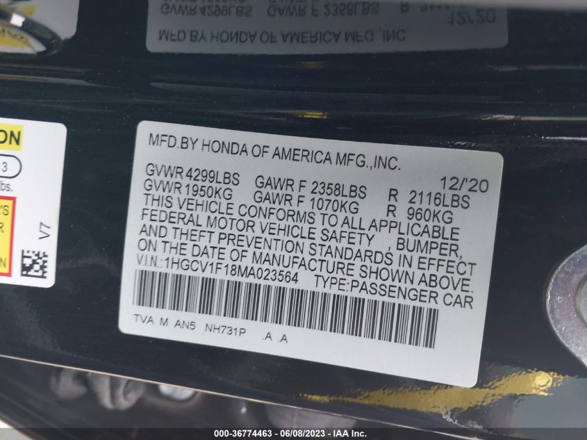 2021 HONDA ACCORD SEDAN LX - 1HGCV1F18MA023564