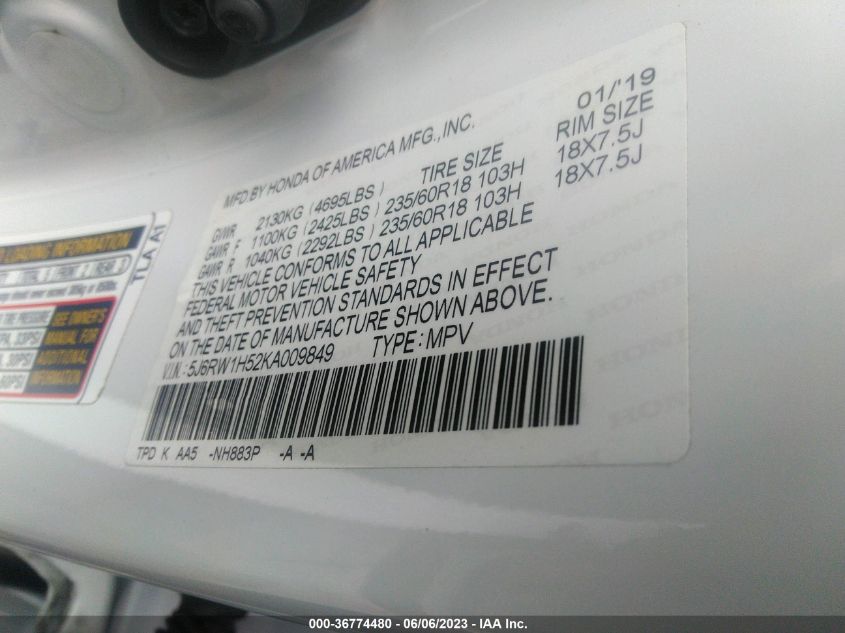 2019 HONDA CR-V EX - 5J6RW1H52KA009849