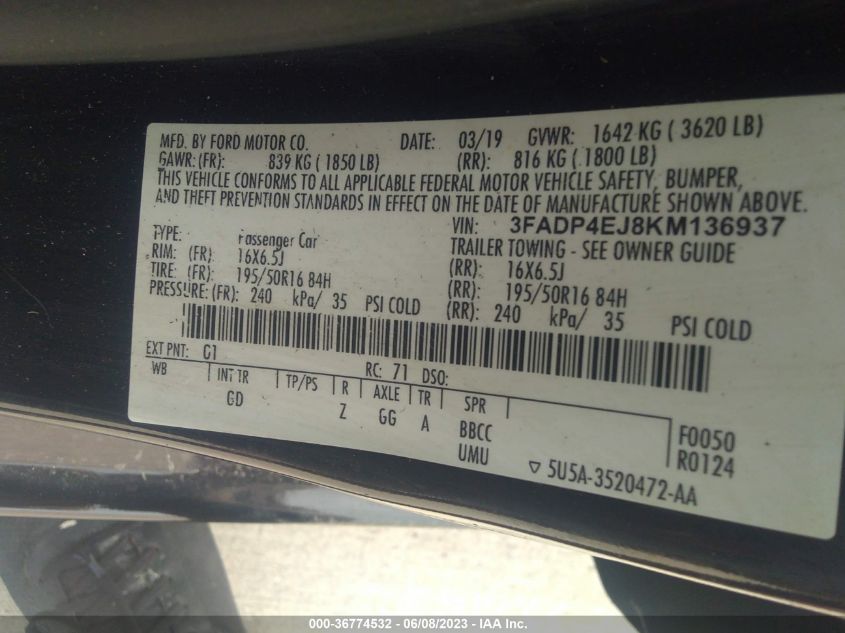 2019 FORD FIESTA SE - 3FADP4EJ8KM136937