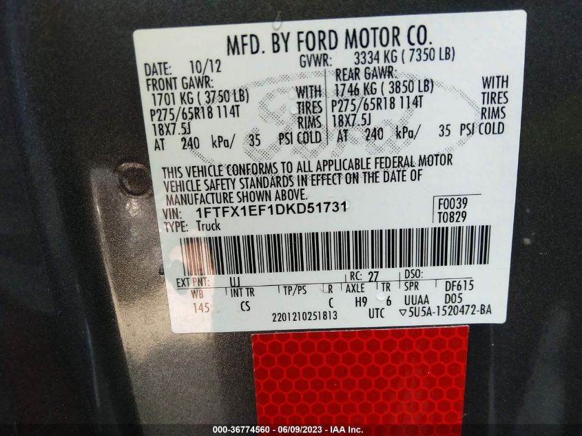 2013 FORD F-150 XL/STX/XLT/FX4/LARIAT - 1FTFX1EF1DKD51731