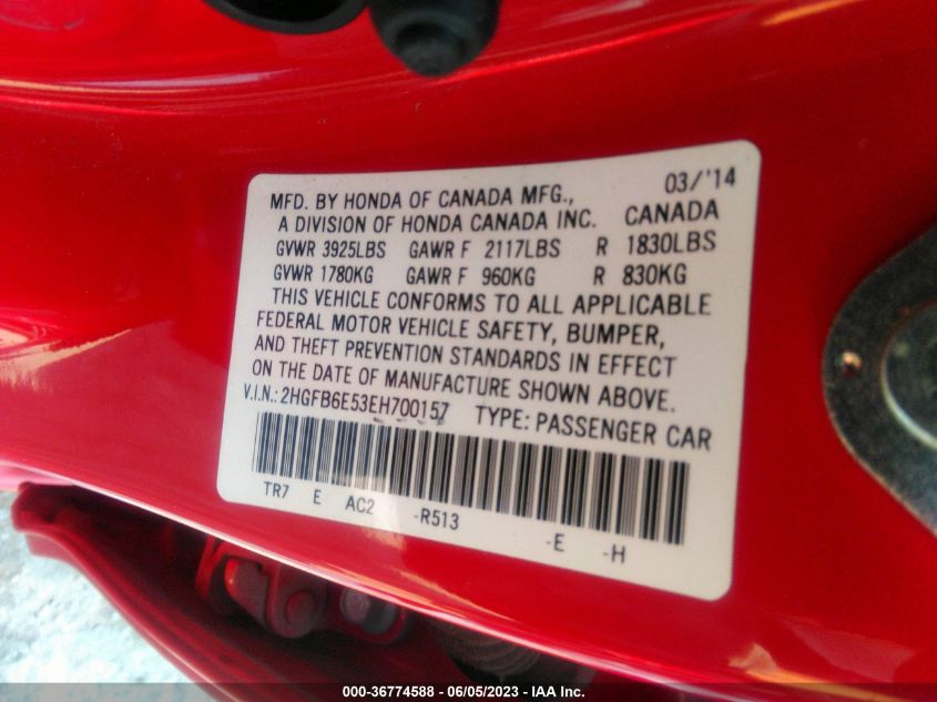 2014 HONDA CIVIC SEDAN SI - 2HGFB6E53EH700157