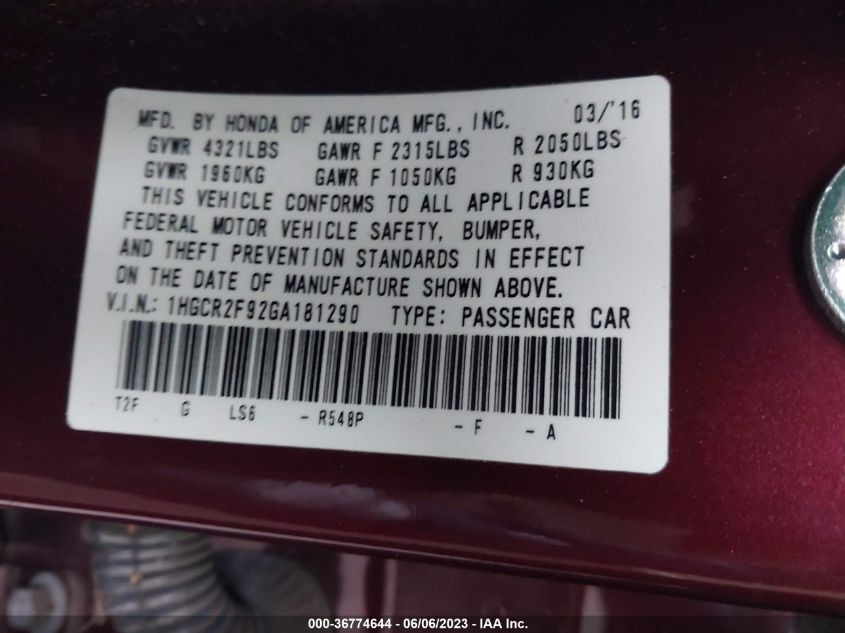 2016 HONDA ACCORD SEDAN EX-L - 1HGCR2F92GA181290