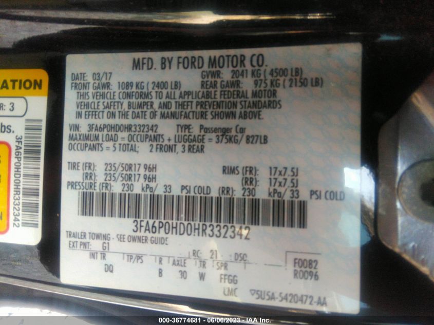 2017 FORD FUSION SE - 3FA6P0HD0HR332342