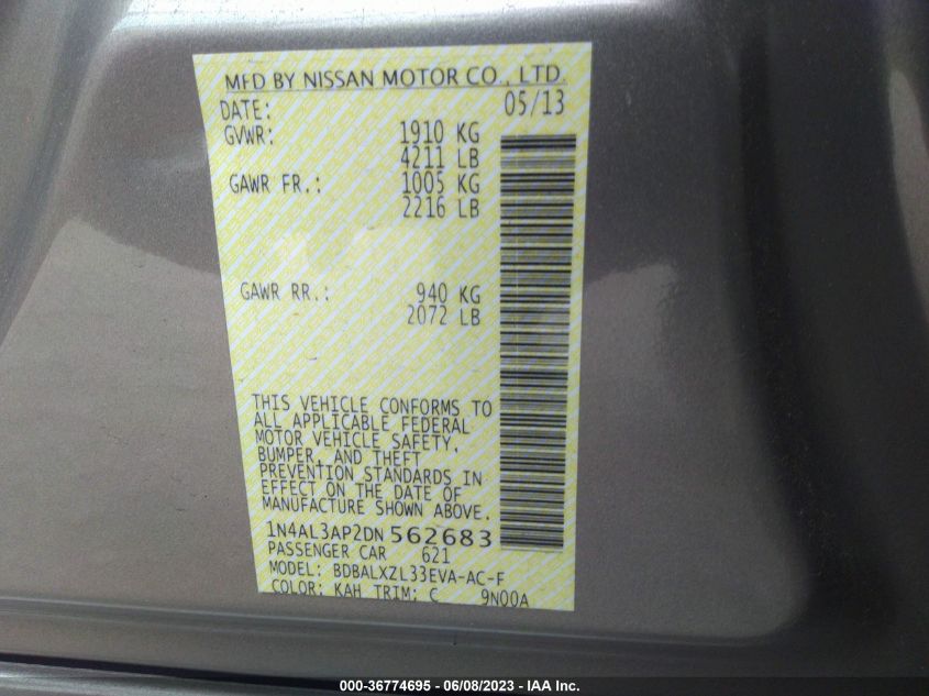 2013 NISSAN ALTIMA 2.5/S/SV/SL - 1N4AL3AP2DN562683