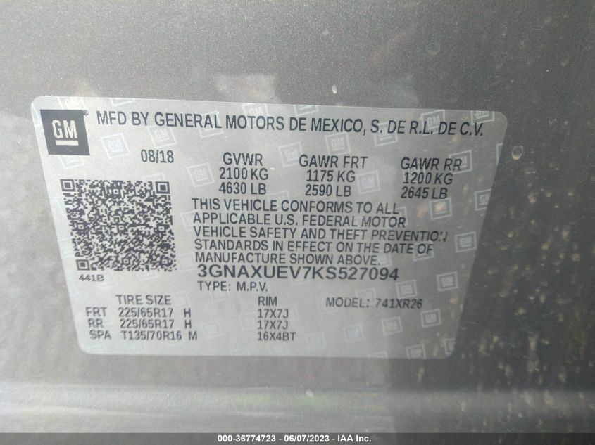 2019 CHEVROLET EQUINOX LT - 3GNAXUEV7KS527094