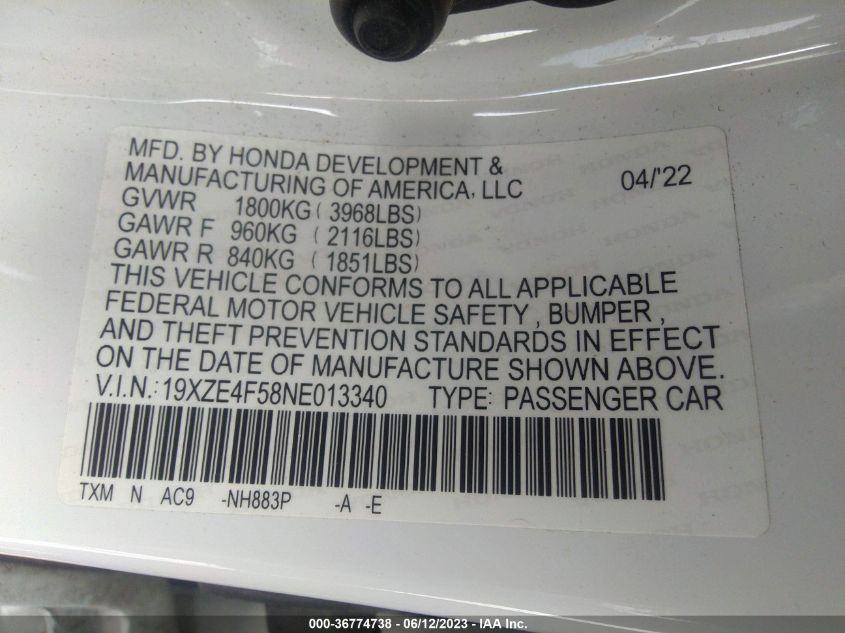 2022 HONDA INSIGHT EX - 19XZE4F58NE013340