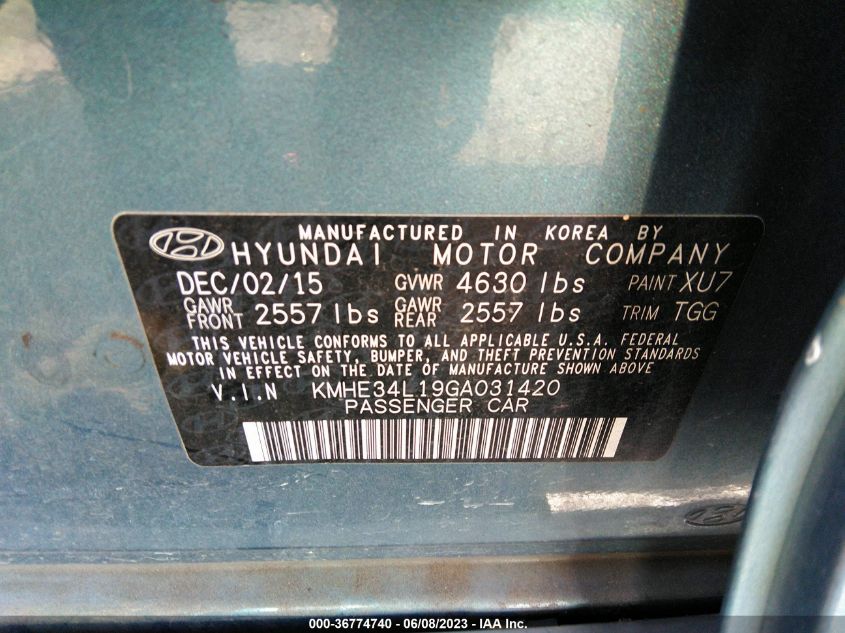 2016 HYUNDAI SONATA HYBRID LIMITED - KMHE34L19GA031420