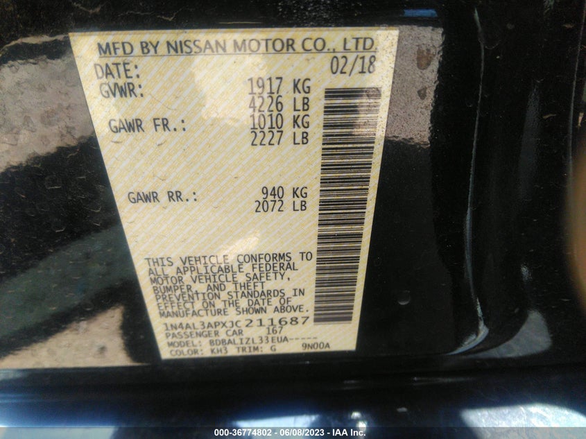 VIN 1N4AL3APXJC211687 2018 NISSAN ALTIMA 2.5/S/SV/SL/SR