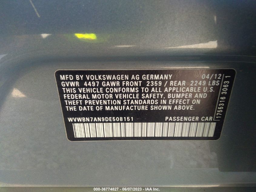 2013 VOLKSWAGEN CC SPORT - WVWBN7AN9DE508151