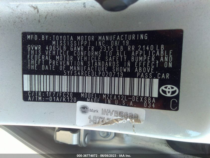 2020 TOYOTA COROLLA SE/NIGHTSHADE - 5YFS4RCE0LP020719