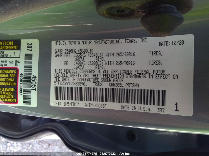 2021 TOYOTA TACOMA 4WD SR/SR5/TRD SPORT - 5TFCZ5AN3MX255961