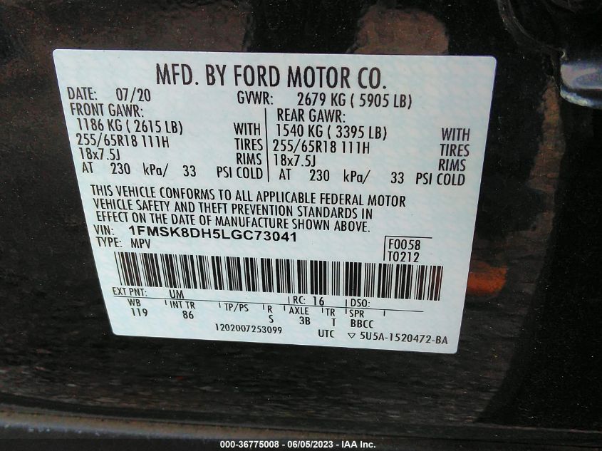 2020 FORD EXPLORER XLT - 1FMSK8DH5LGC73041
