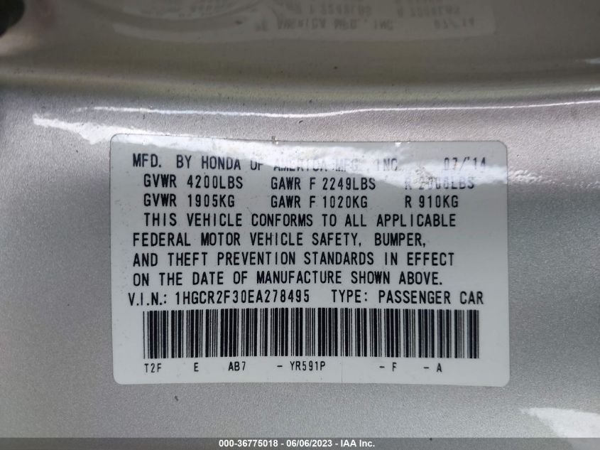 2014 HONDA ACCORD SEDAN LX - 1HGCR2F30EA278495