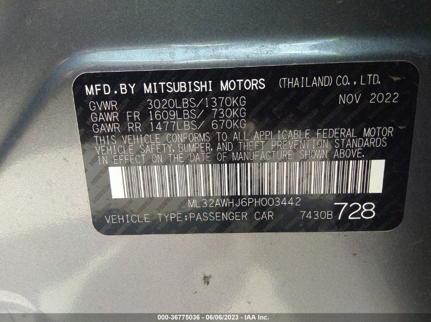 2023 MITSUBISHI MIRAGE BLACK EDITION/SE - ML32AWHJ6PH003442