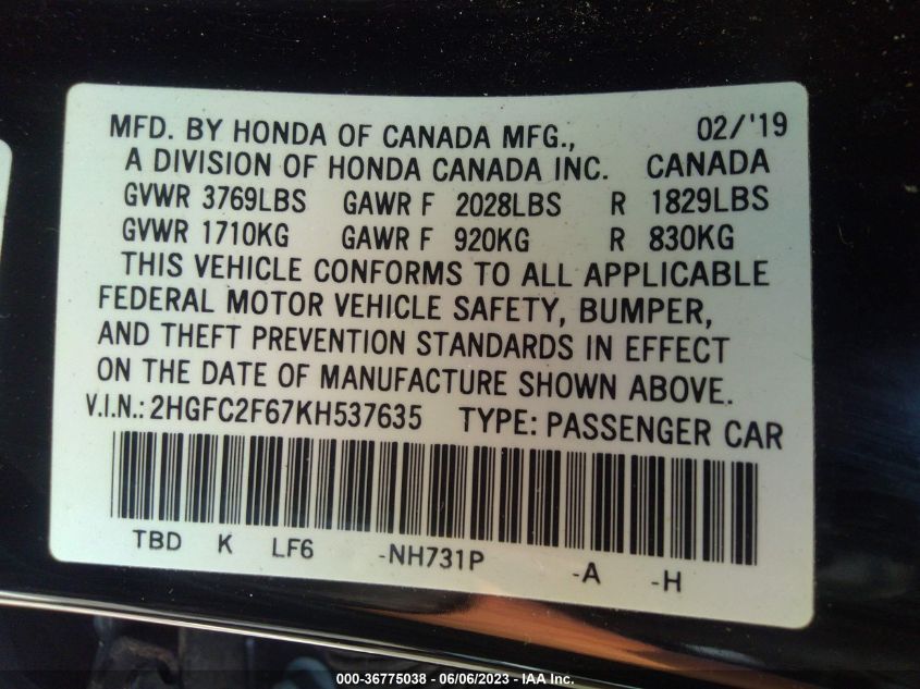 2019 HONDA CIVIC SEDAN LX - 2HGFC2F67KH537635