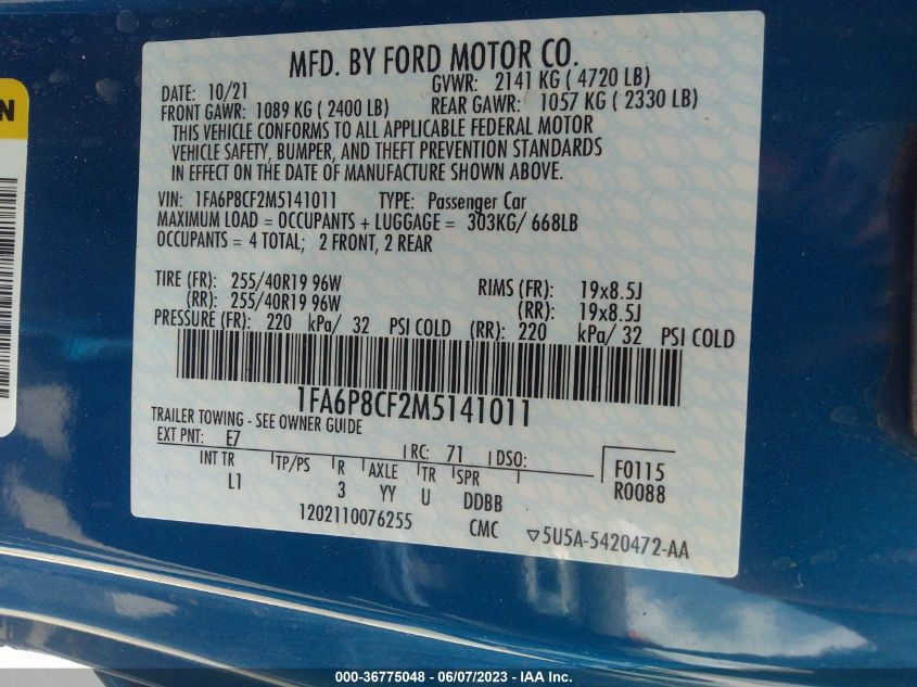 2021 FORD MUSTANG GT - 1FA6P8CF2M5141011