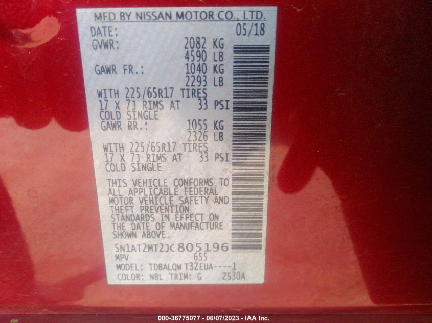 2018 NISSAN ROGUE SV - 5N1AT2MT2JC805196