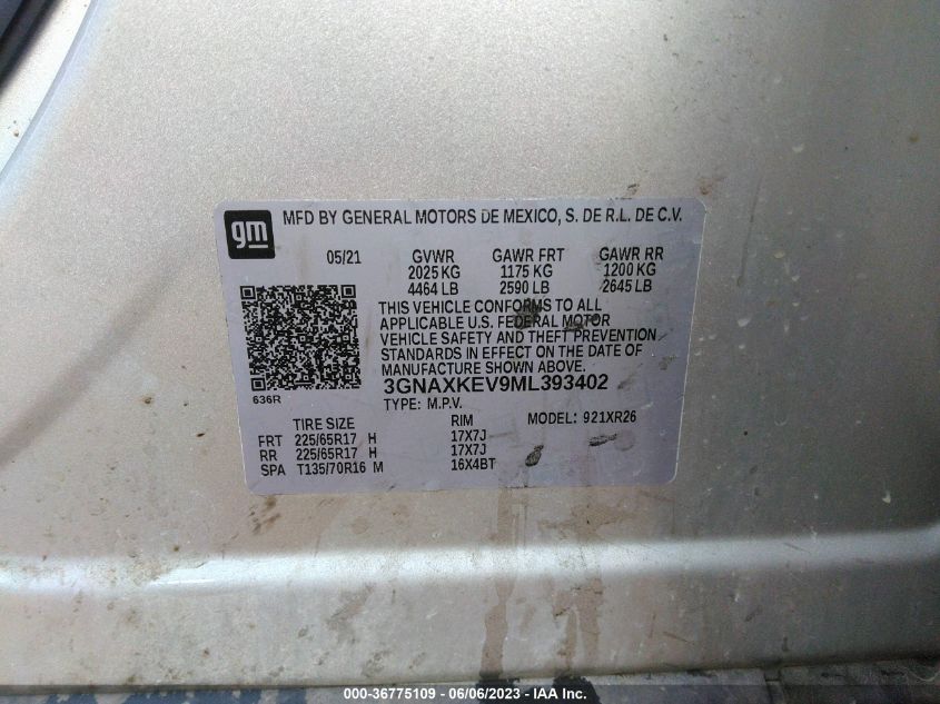 2021 CHEVROLET EQUINOX LT - 3GNAXKEV9ML393402