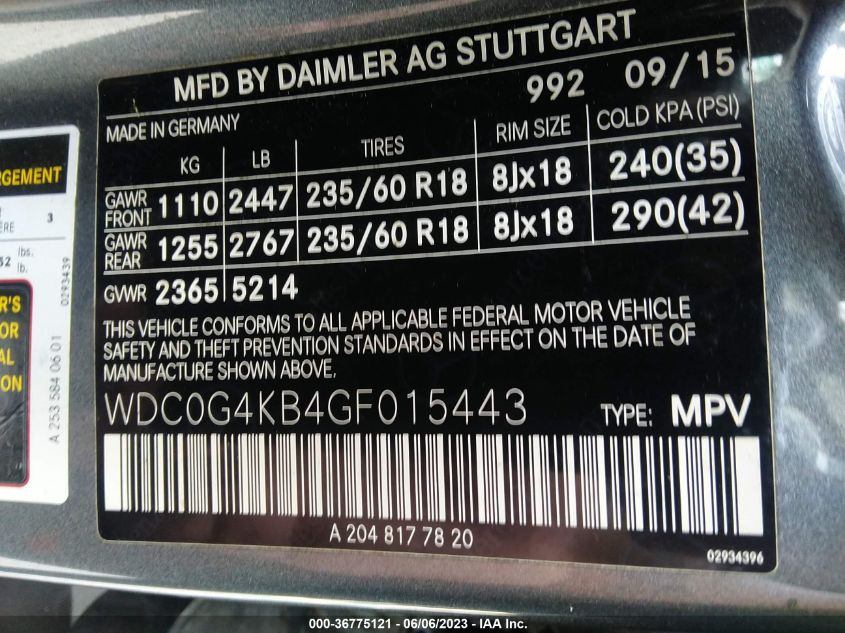 2016 MERCEDES-BENZ GLC GLC 300 - WDC0G4KB4GF015443