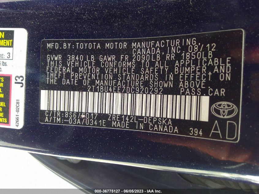 2013 TOYOTA COROLLA L/LE/S - 2T1BU4EE7DC920292